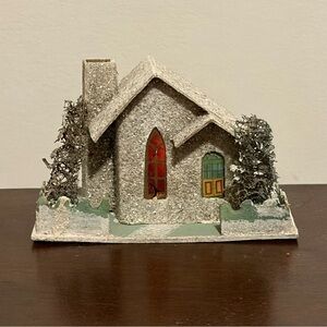 Vintage Putz church House Mica Glitter Sponge trees Christmas